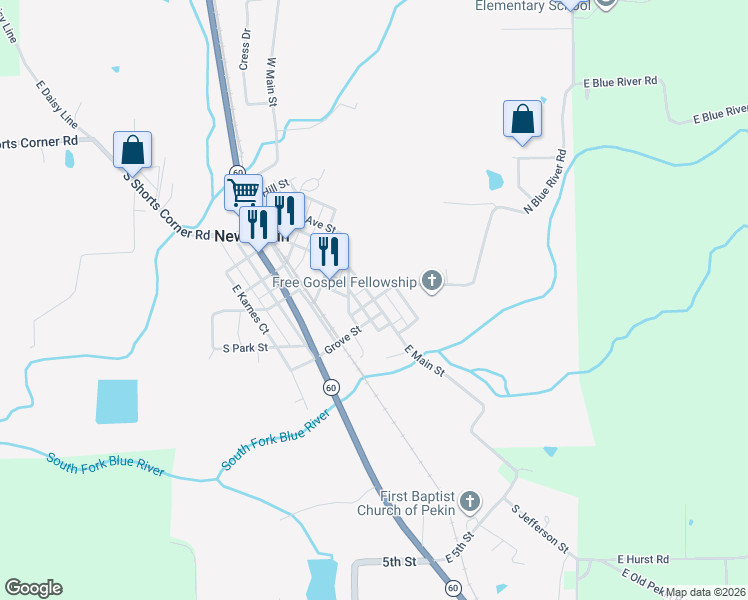 map of restaurants, bars, coffee shops, grocery stores, and more near North Water Street in New Pekin
