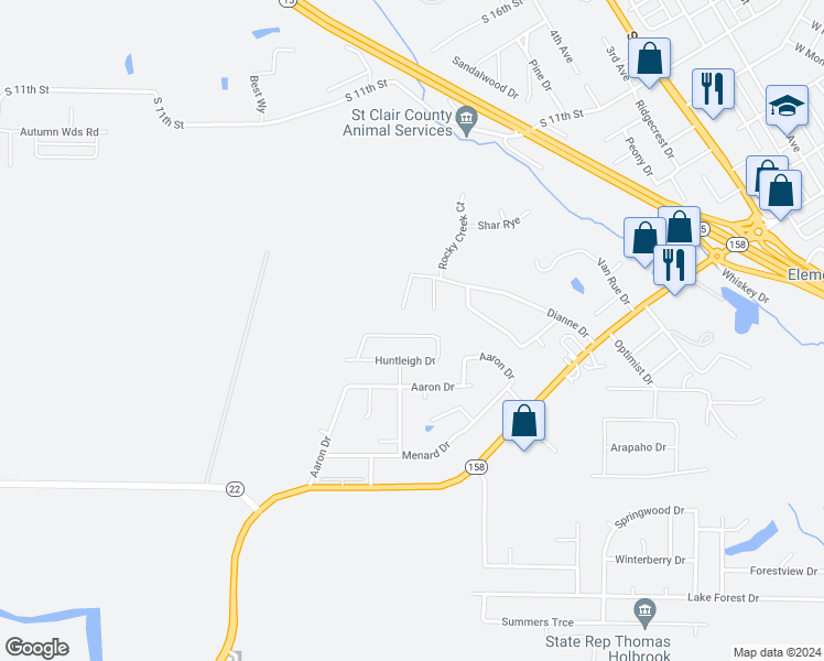 map of restaurants, bars, coffee shops, grocery stores, and more near 138 Huntleigh Drive in Belleville