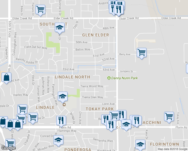 map of restaurants, bars, coffee shops, grocery stores, and more near 7700 Leaverite Way in Sacramento