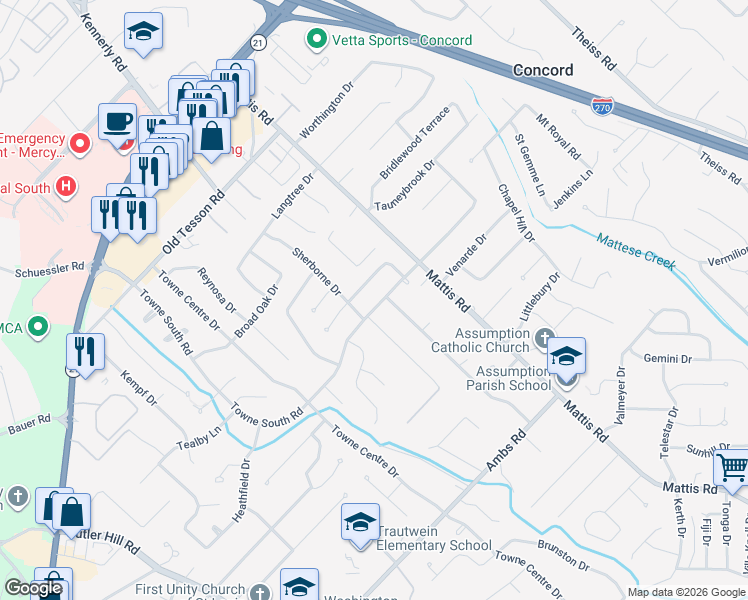map of restaurants, bars, coffee shops, grocery stores, and more near 4749 Towne South Road in St. Louis