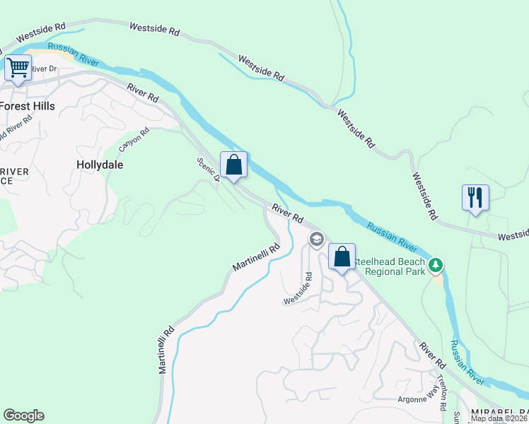 map of restaurants, bars, coffee shops, grocery stores, and more near 7756 Martinelli Road in Forestville