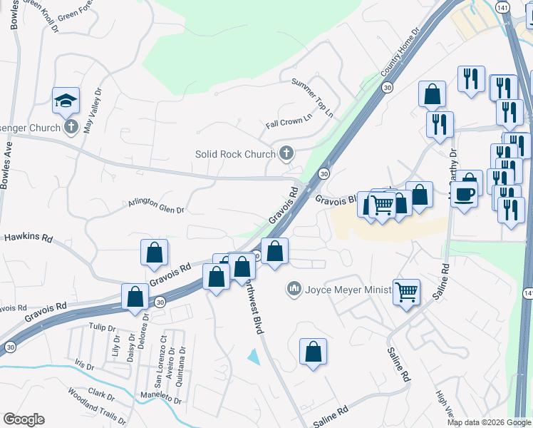 map of restaurants, bars, coffee shops, grocery stores, and more near 919 Gravois Road in Fenton