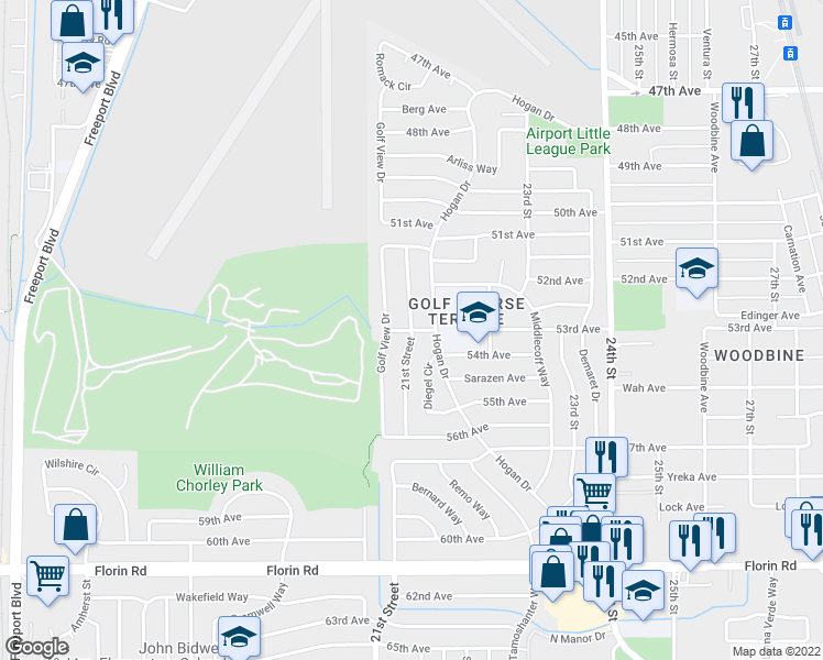 map of restaurants, bars, coffee shops, grocery stores, and more near 21st St & 53rd Ave in Sacramento