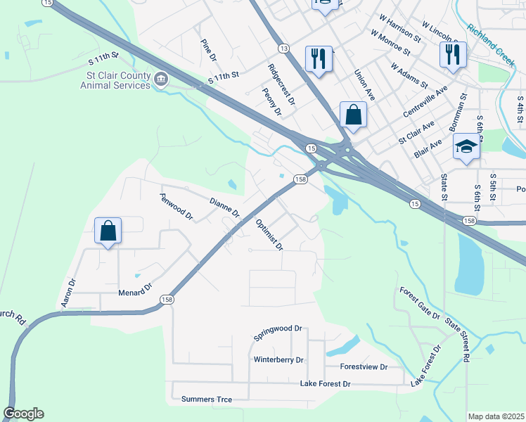map of restaurants, bars, coffee shops, grocery stores, and more near 1309 Centreville Avenue in Belleville