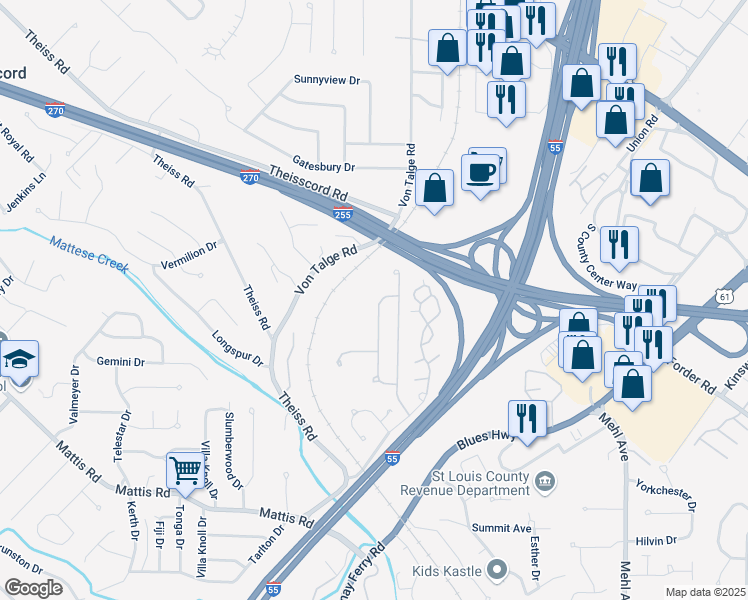 map of restaurants, bars, coffee shops, grocery stores, and more near 4515 Southridge Meadows Drive in St. Louis