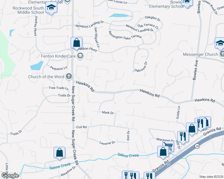 map of restaurants, bars, coffee shops, grocery stores, and more near 1414 Hawkins Meadow Drive in Fenton