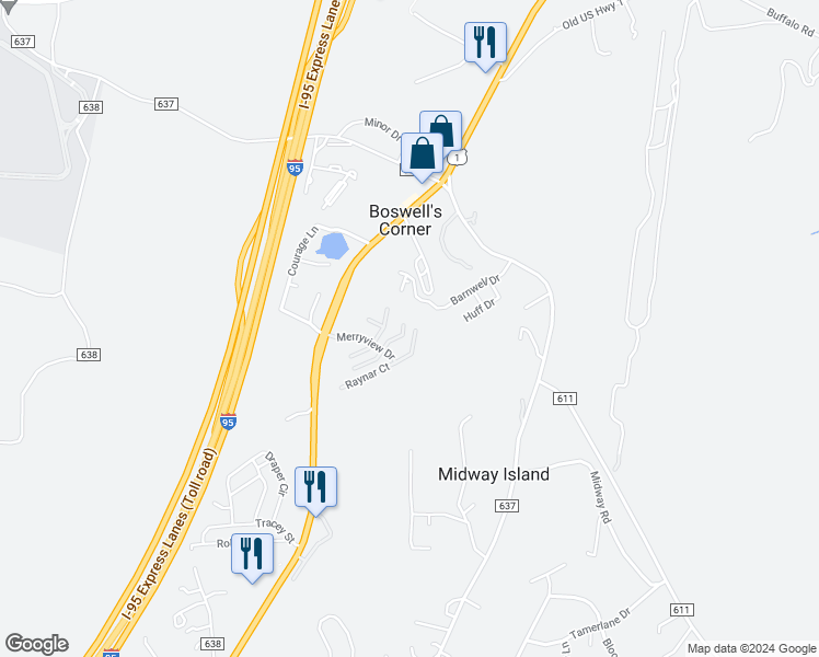 map of restaurants, bars, coffee shops, grocery stores, and more near 210 Langley Court in Stafford