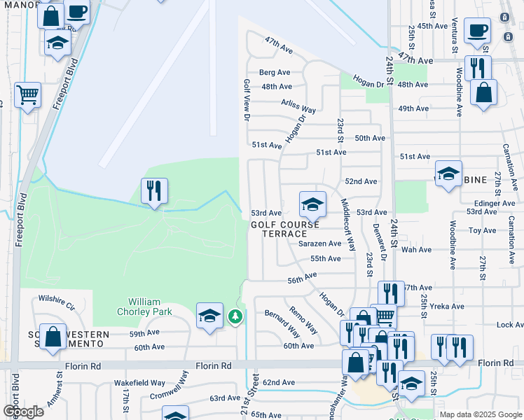 map of restaurants, bars, coffee shops, grocery stores, and more near 6772 21st Street in Sacramento