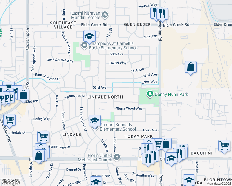 map of restaurants, bars, coffee shops, grocery stores, and more near 7605 Tierra Lawn Court in Sacramento