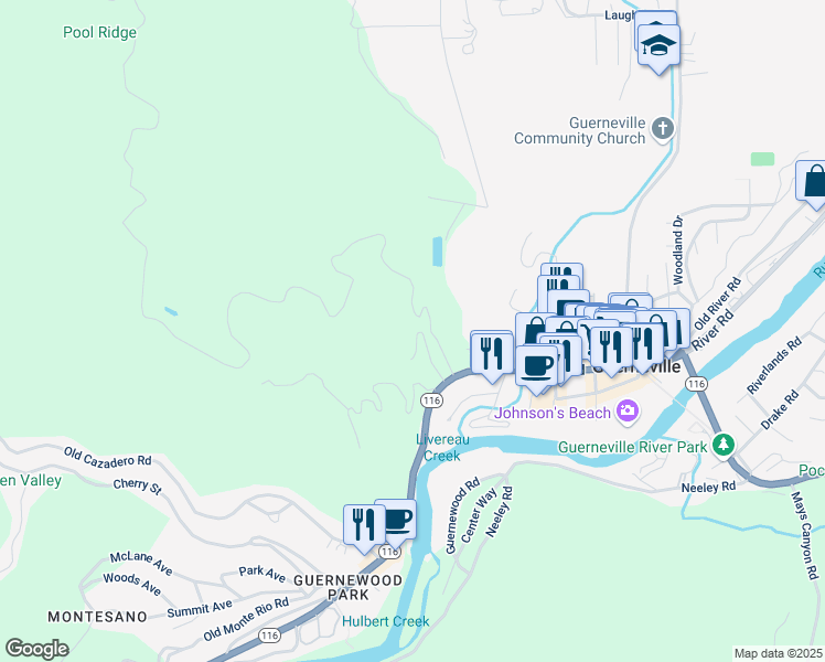 map of restaurants, bars, coffee shops, grocery stores, and more near 14444 Fern Road in Guerneville