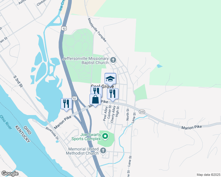 map of restaurants, bars, coffee shops, grocery stores, and more near 1 Hornet Lane in Coal Grove