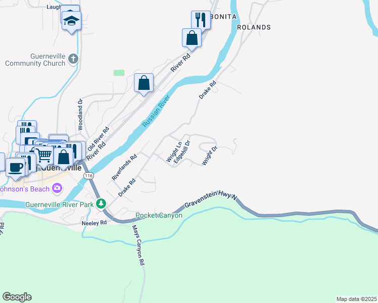 map of restaurants, bars, coffee shops, grocery stores, and more near 15997 Wright Lane in Guerneville