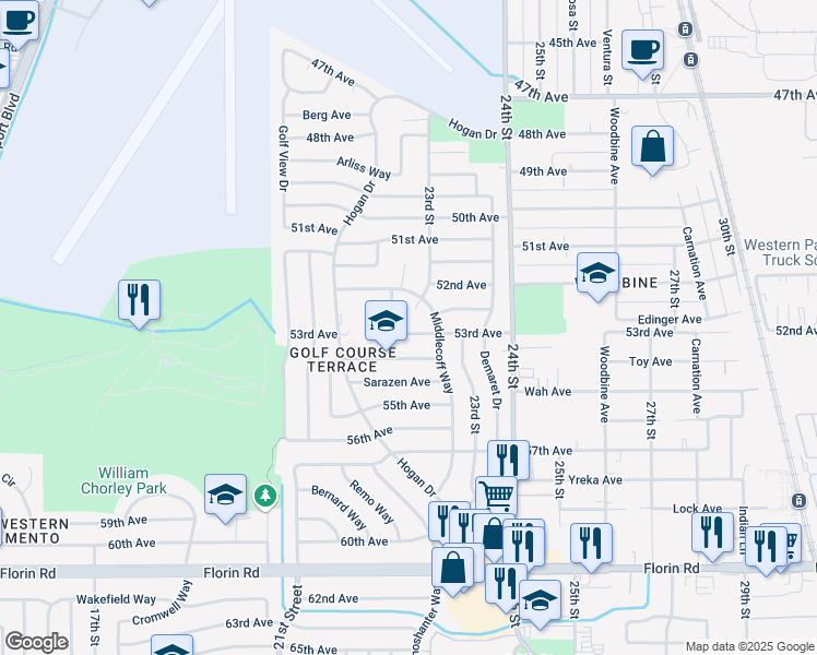 map of restaurants, bars, coffee shops, grocery stores, and more near 6725 23rd Street in Sacramento