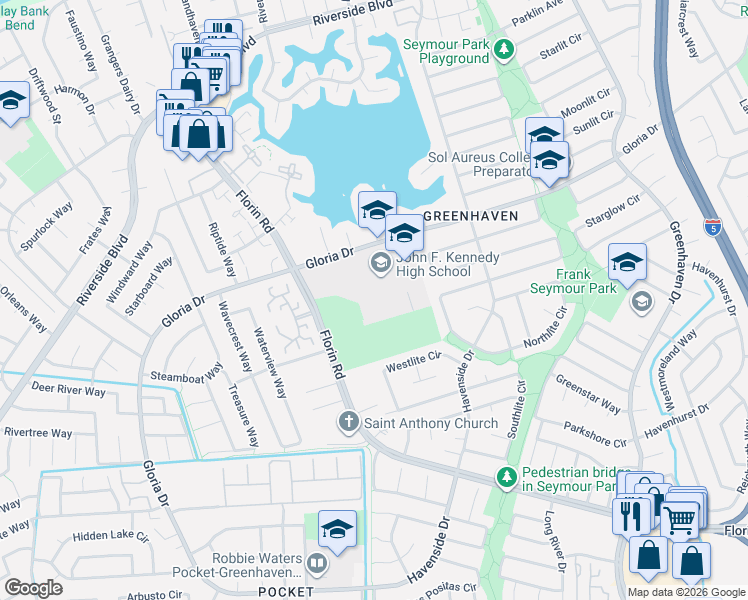 map of restaurants, bars, coffee shops, grocery stores, and more near 6715 Gloria Drive in Sacramento
