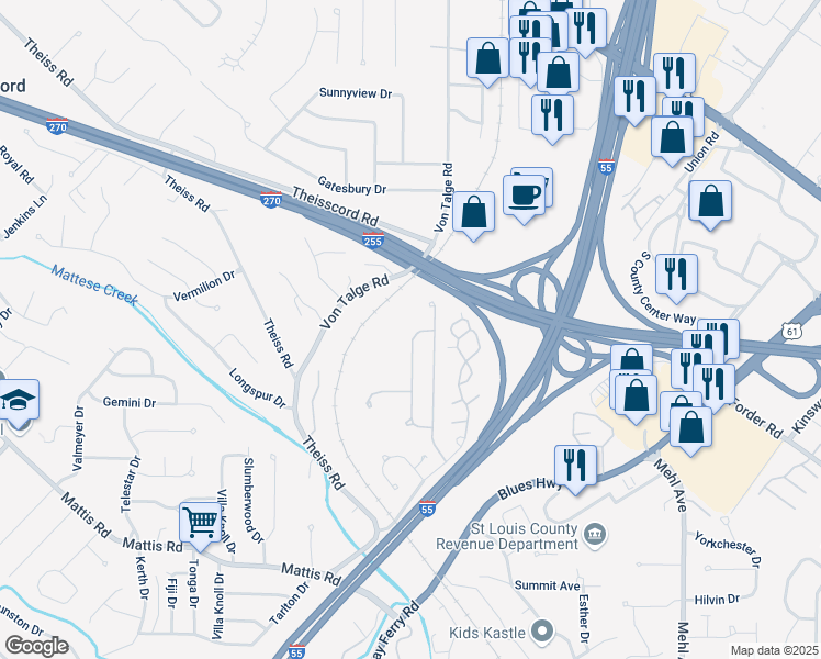 map of restaurants, bars, coffee shops, grocery stores, and more near 4515 Southridge Meadows Drive in St. Louis
