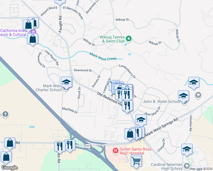 map of restaurants, bars, coffee shops, grocery stores, and more near 61 Larkfield Drive in Santa Rosa
