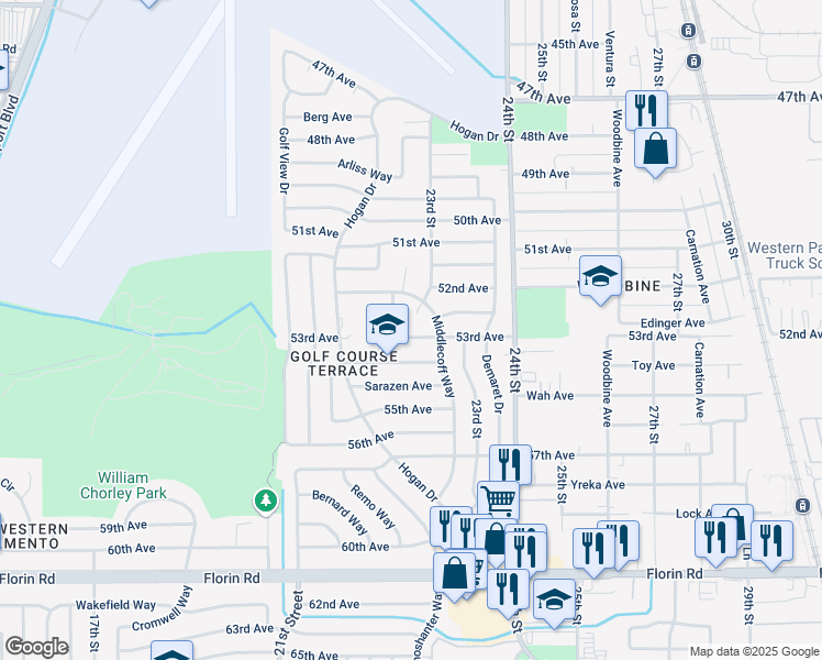 map of restaurants, bars, coffee shops, grocery stores, and more near 6725 23rd Street in Sacramento