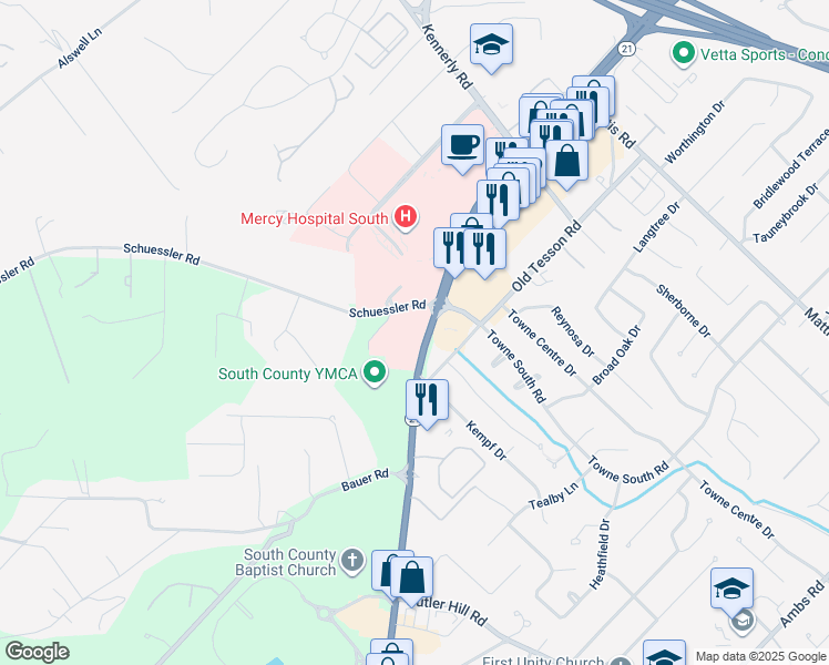 map of restaurants, bars, coffee shops, grocery stores, and more near 12700 Southfork Road in St. Louis