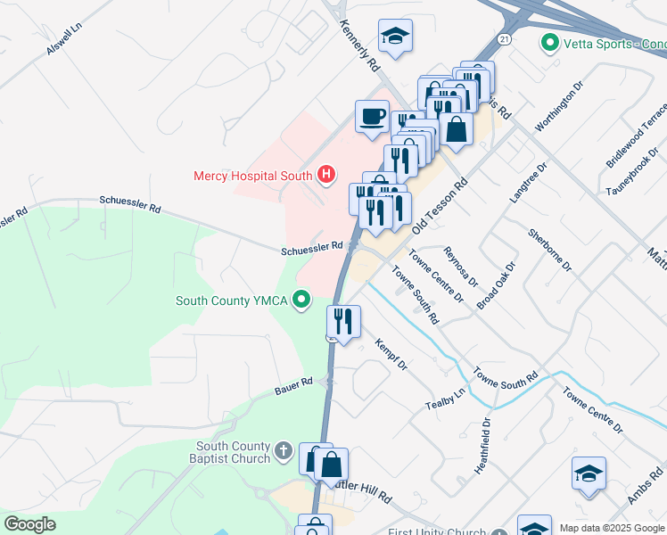 map of restaurants, bars, coffee shops, grocery stores, and more near 12700 Southfork Road in St. Louis