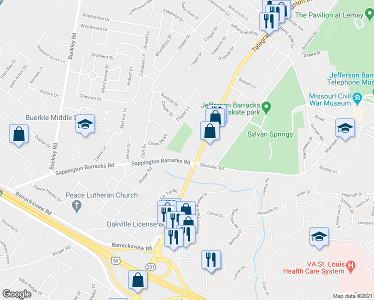 map of restaurants, bars, coffee shops, grocery stores, and more near 2961 Bien Venido Drive in St. Louis
