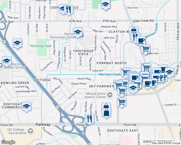 map of restaurants, bars, coffee shops, grocery stores, and more near 5324 53rd Avenue in Sacramento