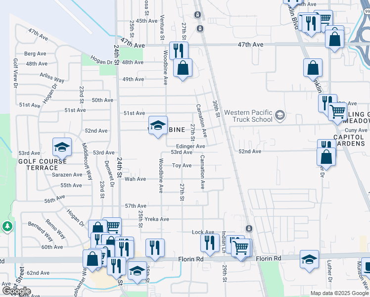 map of restaurants, bars, coffee shops, grocery stores, and more near 2621 Edinger Avenue in Sacramento