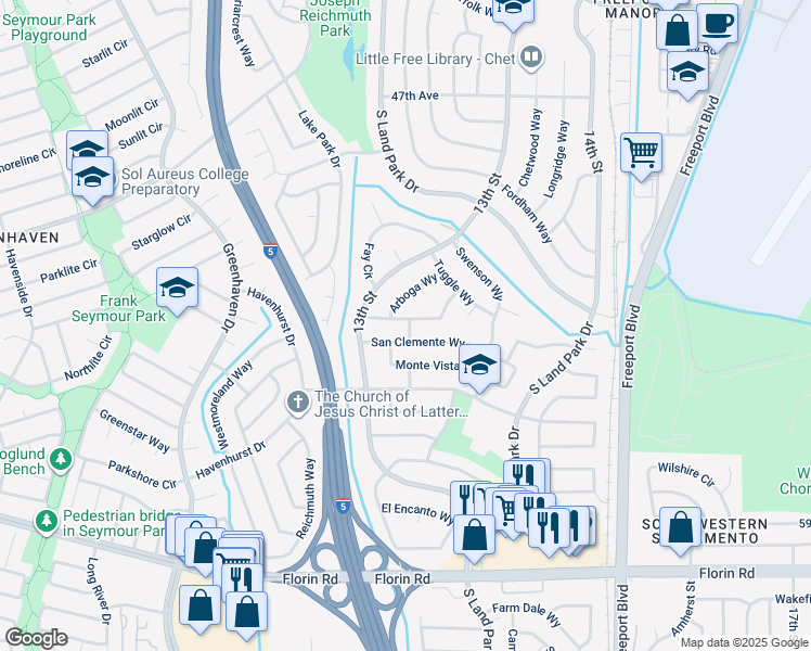 map of restaurants, bars, coffee shops, grocery stores, and more near 1317 Gagle Way in Sacramento