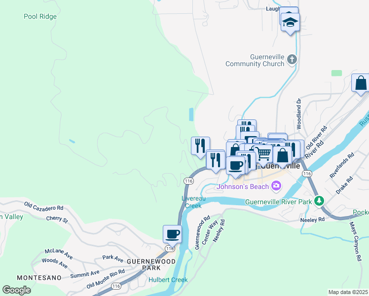 map of restaurants, bars, coffee shops, grocery stores, and more near 14444 Fern Road in Guerneville