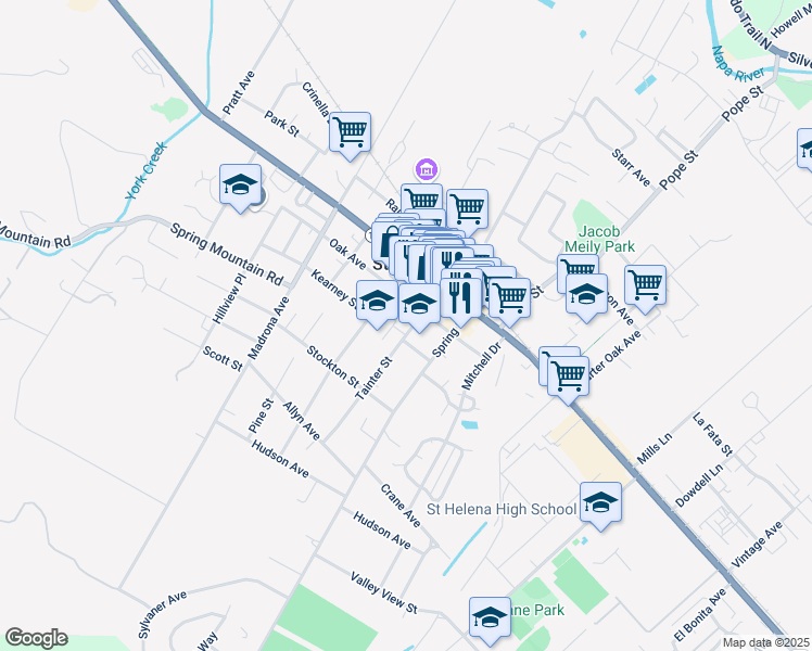 map of restaurants, bars, coffee shops, grocery stores, and more near 1340 Tainter Street in St. Helena