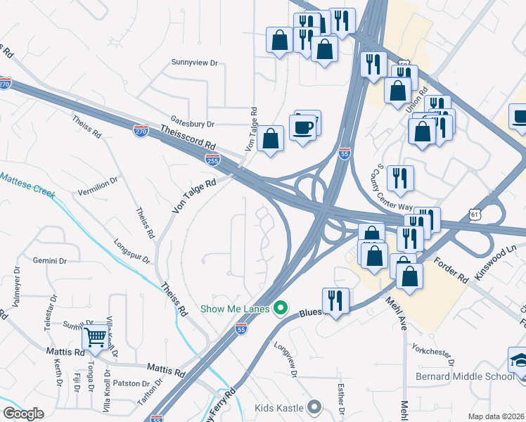 map of restaurants, bars, coffee shops, grocery stores, and more near 4301 Arrow Tree Drive in St. Louis