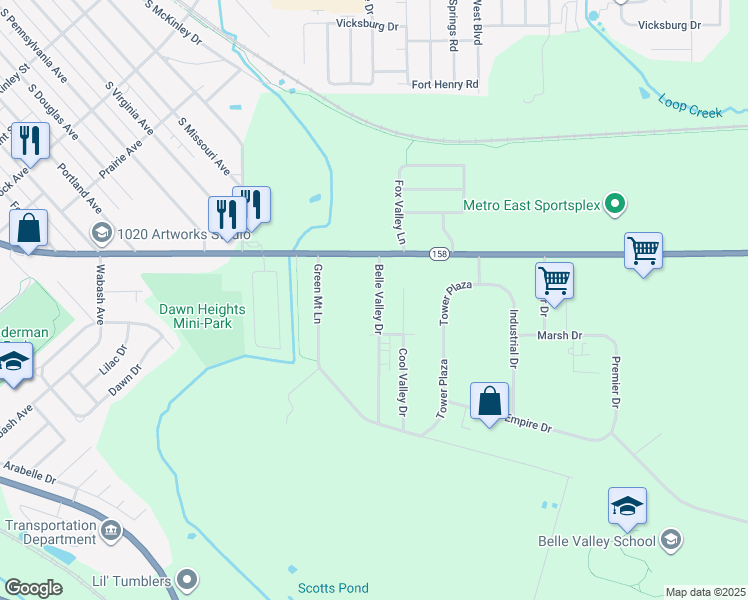 map of restaurants, bars, coffee shops, grocery stores, and more near 935 Belle Valley Drive in Belleville