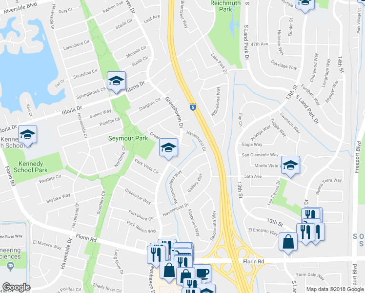 map of restaurants, bars, coffee shops, grocery stores, and more near 6815 Greenhaven Drive in Sacramento