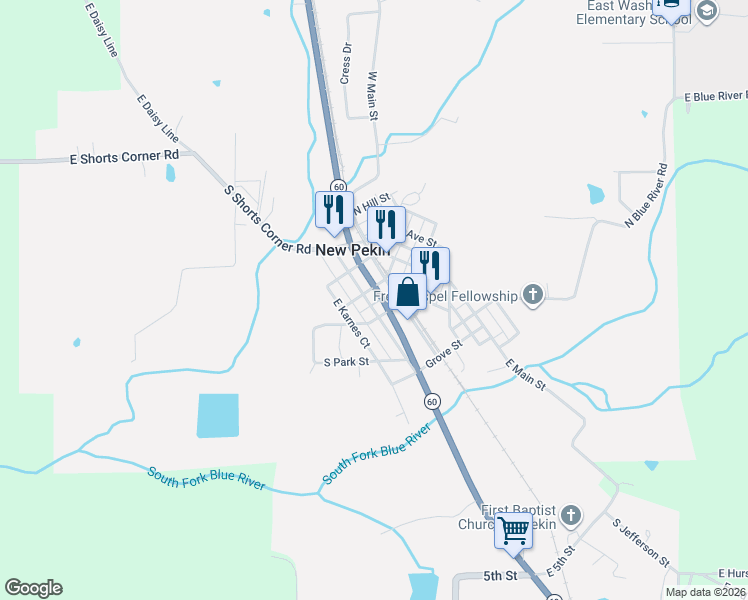 map of restaurants, bars, coffee shops, grocery stores, and more near 225 Highway 60 in New Pekin
