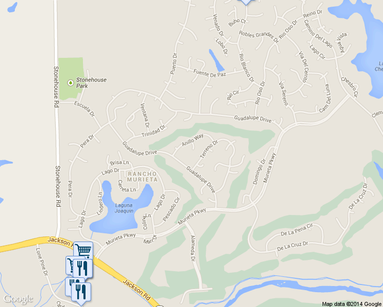 map of restaurants, bars, coffee shops, grocery stores, and more near 14974 Anillo Way in Rancho Murieta