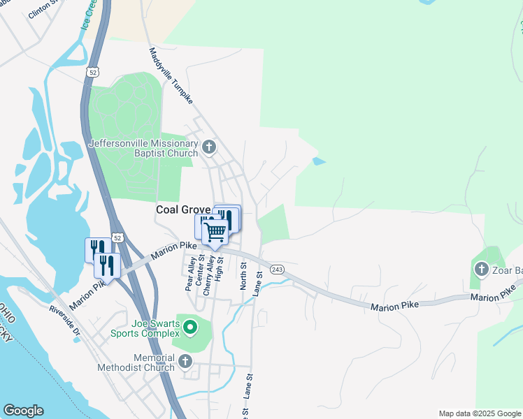 map of restaurants, bars, coffee shops, grocery stores, and more near 136 Lane Street in Coal Grove