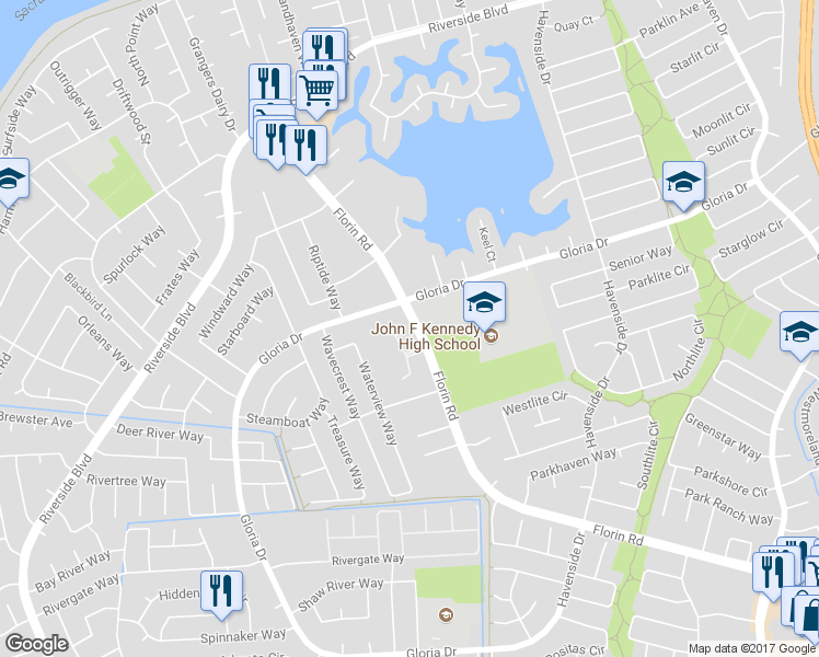 map of restaurants, bars, coffee shops, grocery stores, and more near 206 Roundtree Court in Sacramento
