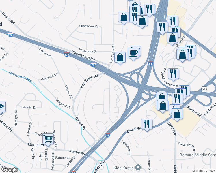 map of restaurants, bars, coffee shops, grocery stores, and more near 4503 Southridge Meadows Drive in St. Louis
