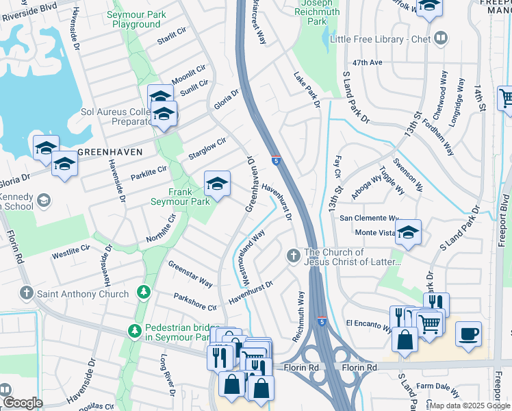 map of restaurants, bars, coffee shops, grocery stores, and more near 6815 Greenhaven Drive in Sacramento