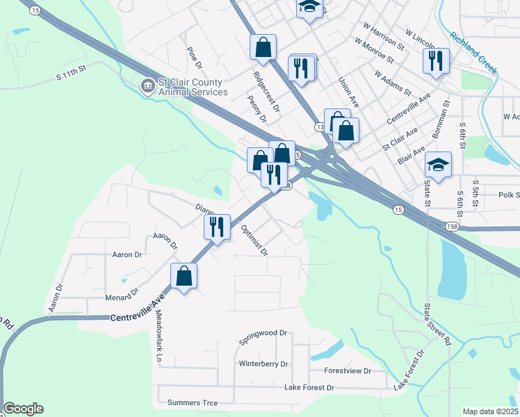 map of restaurants, bars, coffee shops, grocery stores, and more near 1 Sunrise Drive in Belleville