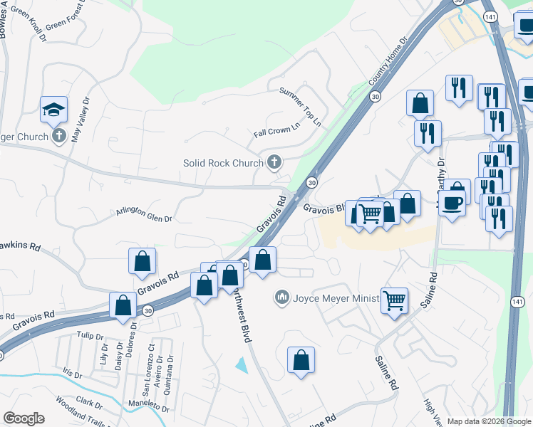 map of restaurants, bars, coffee shops, grocery stores, and more near 919 Gravois Road in Fenton