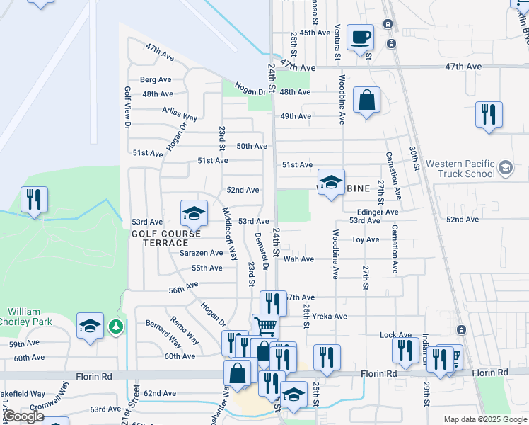 map of restaurants, bars, coffee shops, grocery stores, and more near 6749 Demaret Drive in Sacramento
