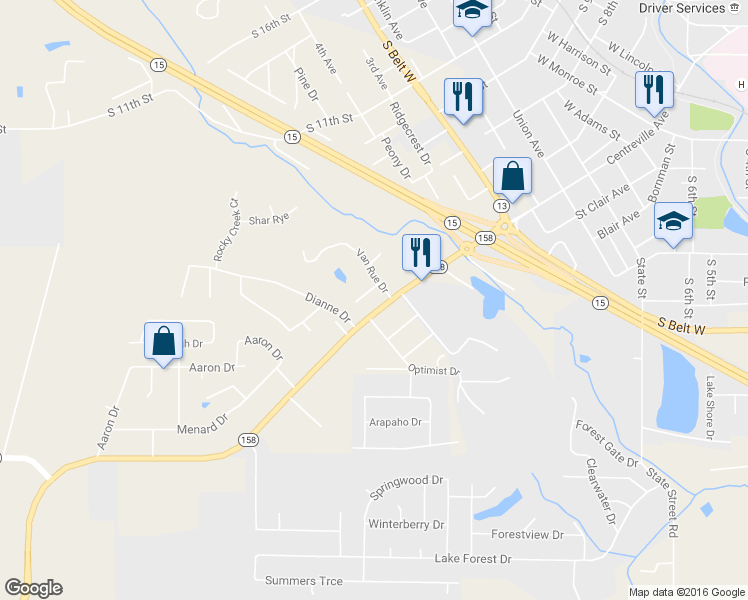 map of restaurants, bars, coffee shops, grocery stores, and more near 1309 Centreville Avenue in Belleville