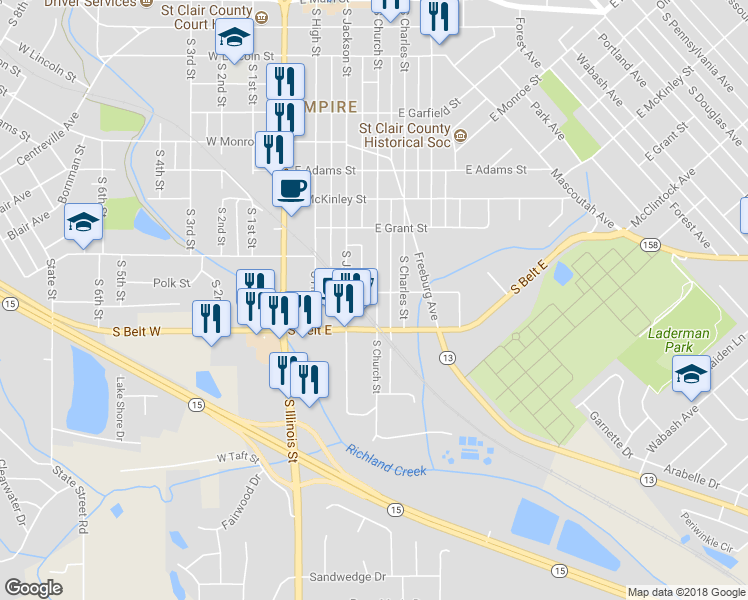 map of restaurants, bars, coffee shops, grocery stores, and more near 1005 South Church Street in Belleville