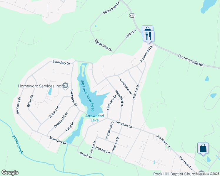 map of restaurants, bars, coffee shops, grocery stores, and more near 141 Woodland Drive in Stafford