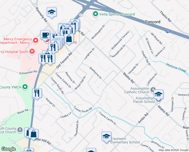 map of restaurants, bars, coffee shops, grocery stores, and more near 4814 Danebury Drive in Saint Louis