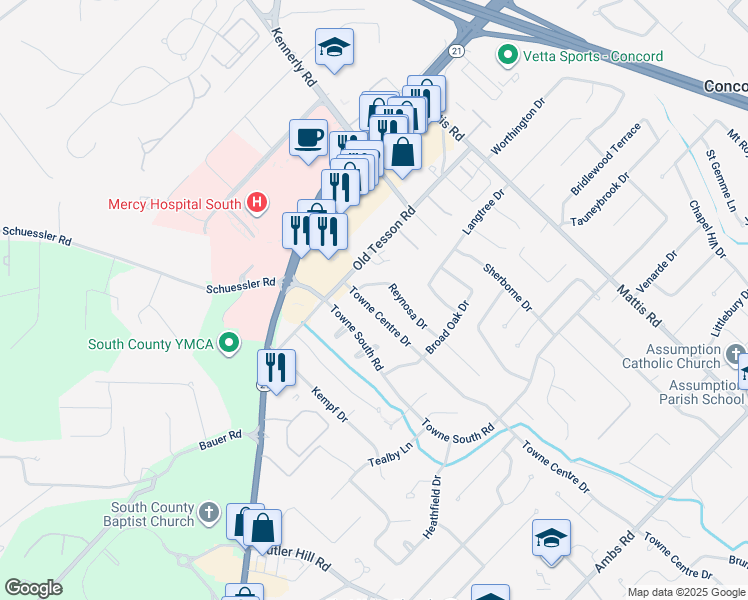 map of restaurants, bars, coffee shops, grocery stores, and more near 5167 Towne Centre Drive in St. Louis