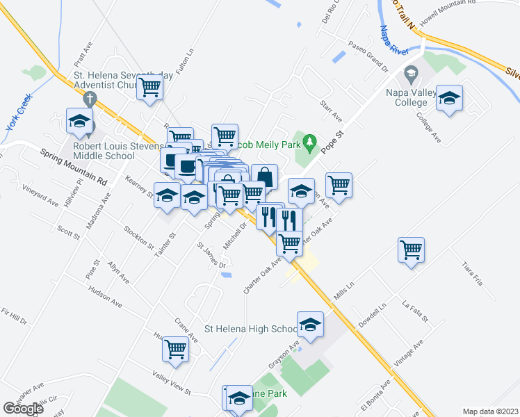 map of restaurants, bars, coffee shops, grocery stores, and more near 1105 Pope St in St Helena
