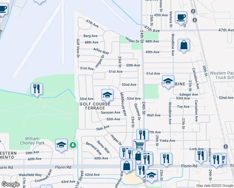 map of restaurants, bars, coffee shops, grocery stores, and more near 6725 23rd Street in Sacramento
