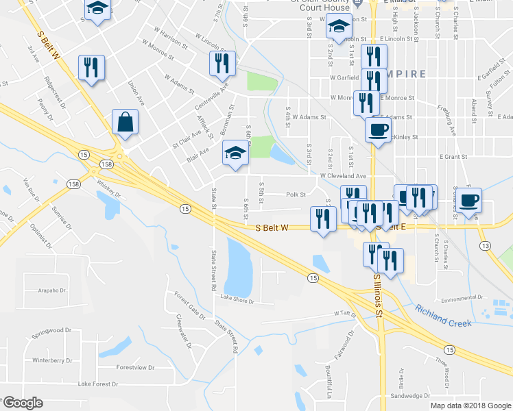 map of restaurants, bars, coffee shops, grocery stores, and more near 1013 South 5th Street in Belleville