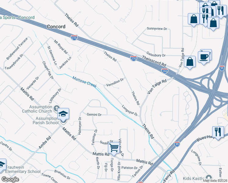 map of restaurants, bars, coffee shops, grocery stores, and more near 4741 Longspur Drive in Saint Louis